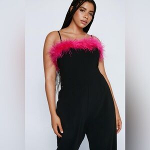 Nasty Gal Black Jumpsuit with Pink Feather Trim
